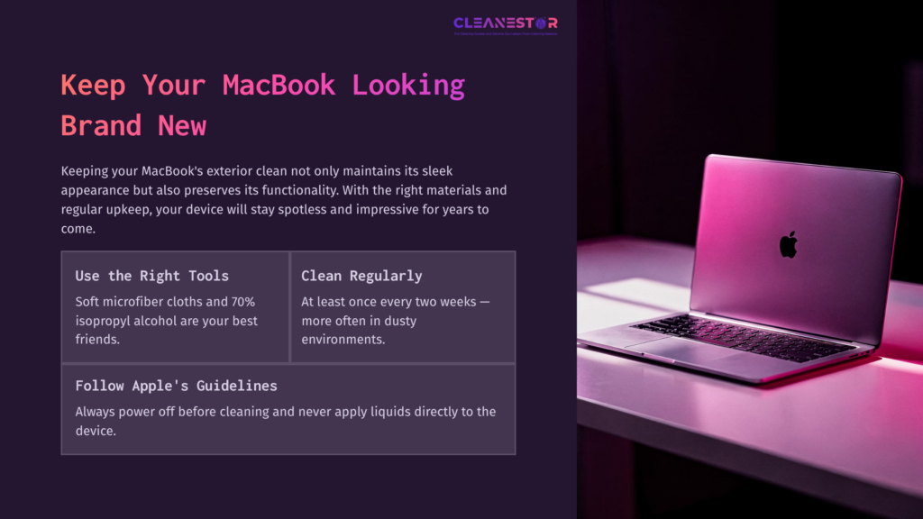 10 Keep Your Macbook Looking Brand New A Macbook On A Light Surface With A Pink Hue, Accompanied By Text About Cleaning And Maintenance Tips For The Device.