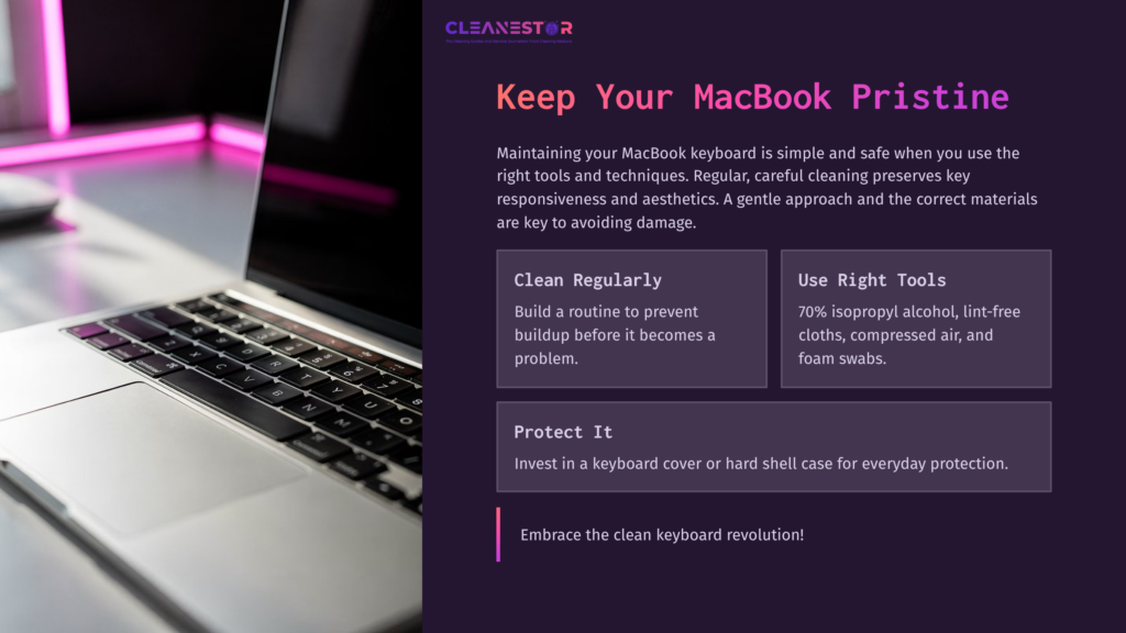 Close-Up Of A Macbook Keyboard With A Sleek Design, Surrounded By Cleaning Tools Like Cloths And Swabs, Set Against A Dark Background.