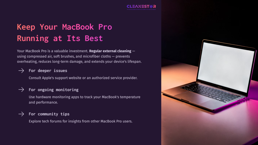 A Silver Macbook Pro Sits On A Purple Surface, Illuminated By Soft Lighting, With A Text Overlay Offering Maintenance Tips.
