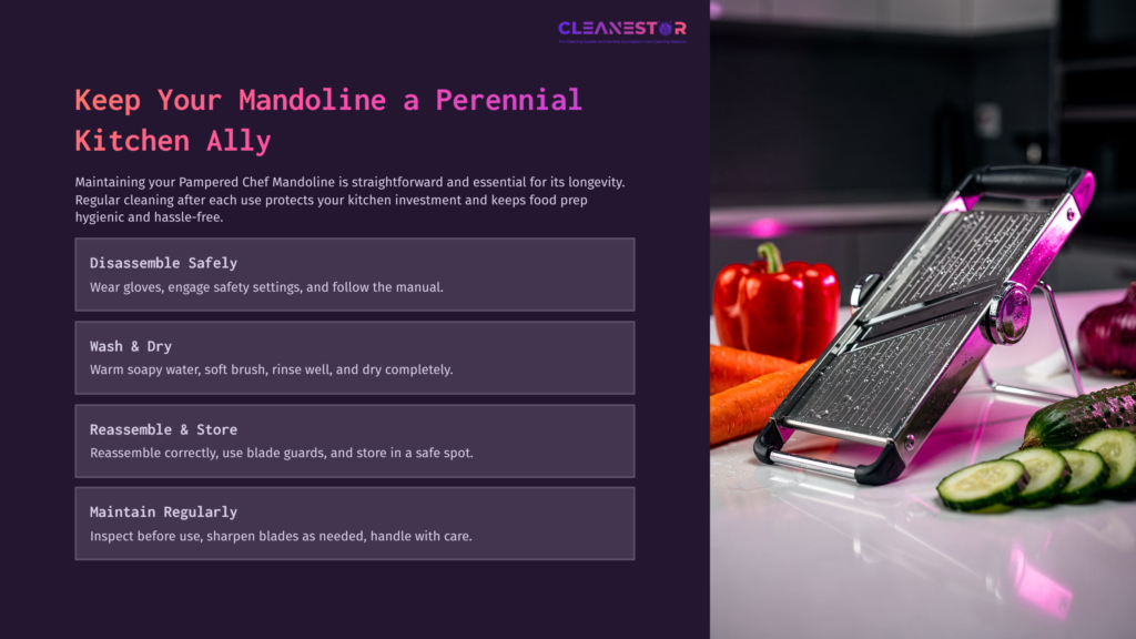 A Sleek Metal Mandoline Slicer Sits On A Kitchen Counter With Colorful Bell Peppers Nearby, Against A Dark Purple Background.