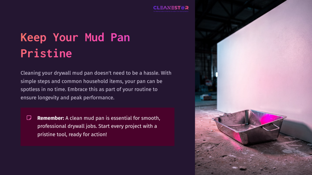 Metal Drywall Mud Pan On A Concrete Floor, Illuminated By Pink And Purple Lighting, With A Clean White Wall In The Background.