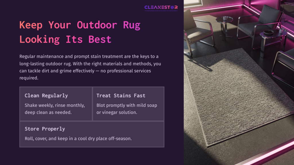 A Grey Outdoor Rug On A Concrete Surface, With Modern Chairs And Pink Lighting, Accompanied By Cleaning Tips In Text.