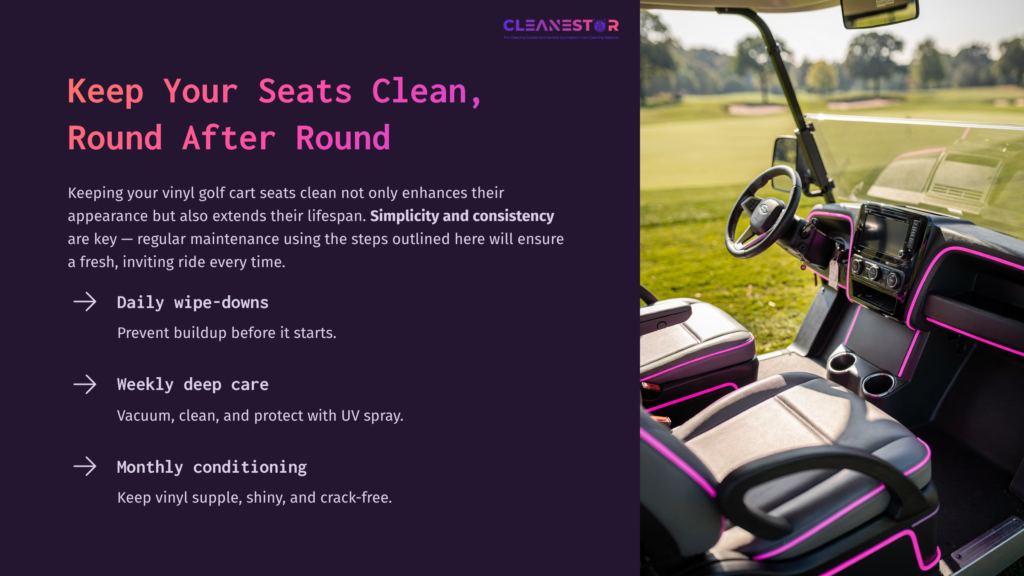 Vinyl Golf Cart Seats In A Clean, Well-Lit Setting, Featuring A Vibrant Purple Accent, With A Scenic Grassy Background And Tips On Maintenance.