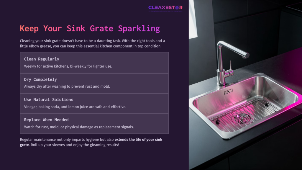 Stainless Steel Sink With A Sleek Faucet, Featuring A Purple Background And Text About Maintaining Sink Grates With Cleaning Tips.