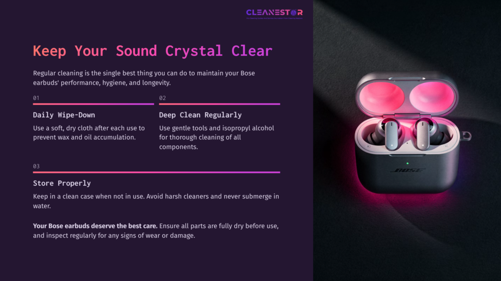 A Dark Background Features A Glowing Bose Earbuds Case Open With Earbuds Inside, Accompanied By Cleaning Tips In Purple And White Text.