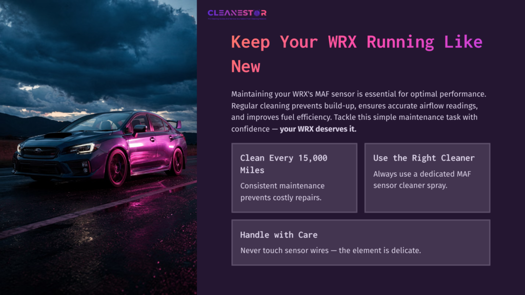 A Subaru Wrx Parked In A Scenic Landscape, Surrounded By A Sunset. Text Highlights Maf Sensor Maintenance Tips With Purple Accents.