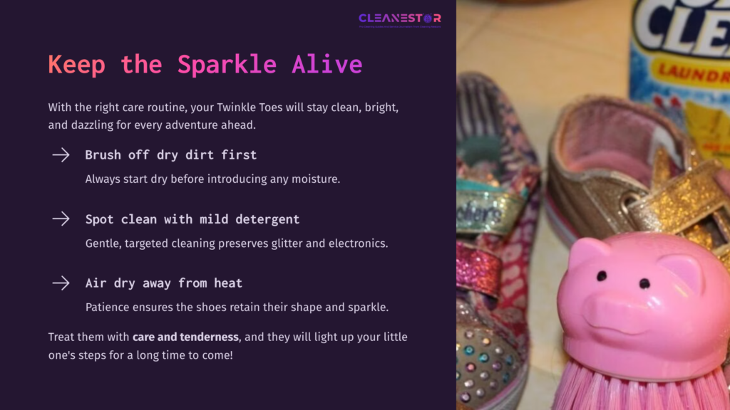 Colorful Twinkle Toes Shoes With Decorative Elements, Alongside Text Highlighting Care Tips For Maintaining Sparkle And Cleanliness.