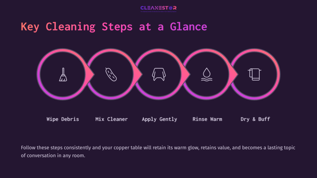 Six Circular Icons With Progressive Cleaning Steps: Wipe Debris, Mix Cleaner, Apply Gently, Rinse Warm, Dry, And Buff, All On A Dark Background.