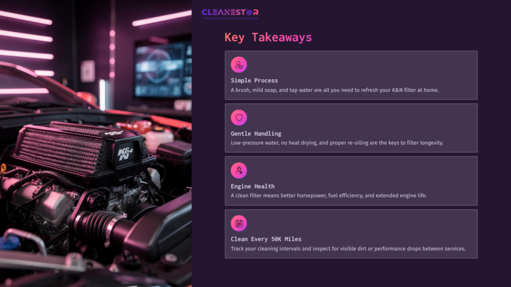 A Close-Up Of A K&Amp;N Air Filter Within A Car Engine Bay, Highlighted By Purple And Pink Ambient Lighting, With Key Takeaways Listed Alongside.
