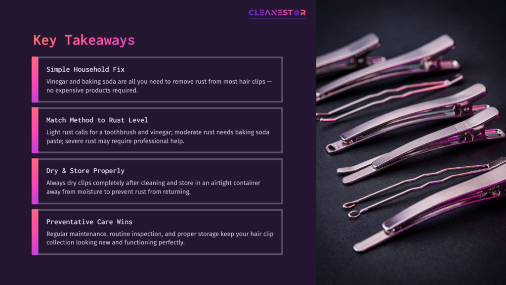 A Layout Featuring Silver Rusty Hair Clips Alongside Text Highlights On Cleaning Tips Using Vinegar And Baking Soda, With A Purple Background.