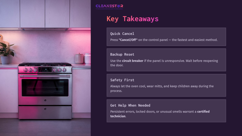 Modern Kitchen Scene Featuring A Silver Ge Oven With Pink Ambient Lighting. Instructions On Canceling Self-Clean Feature Are Highlighted.