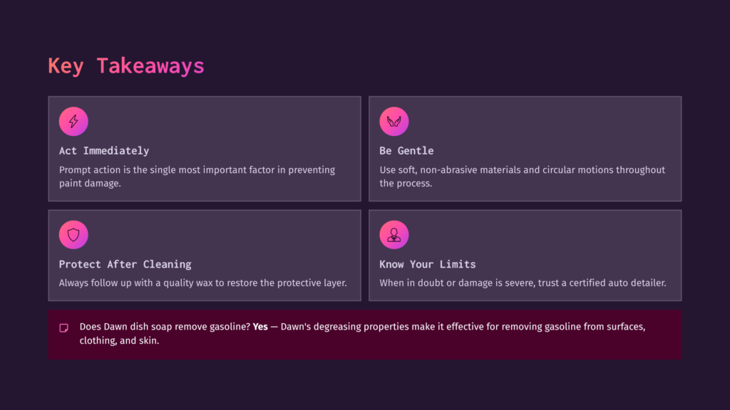 Four Key Takeaway Boxes On A Dark Purple Background, Featuring Icons And Text About Cleaning Gasoline Off Car Paint, With A Question At The Bottom.