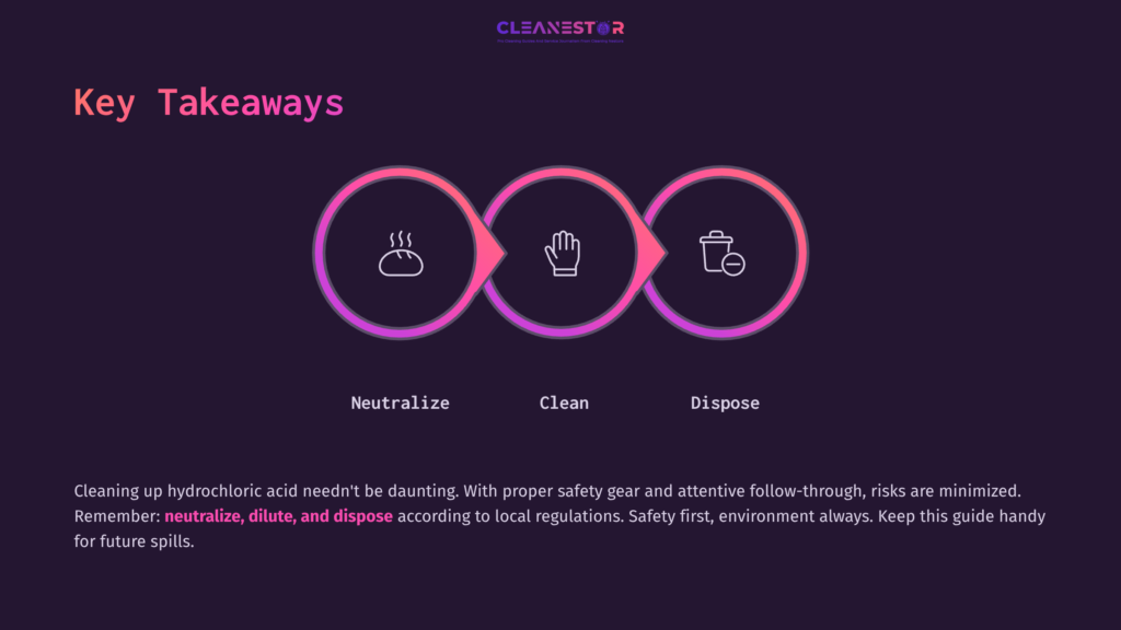 Three Circular Icons: A Beaker With Steam, A Hand, And A Waste Container, With Pink And Purple Accents. Text Highlights Key Safety Takeaways.