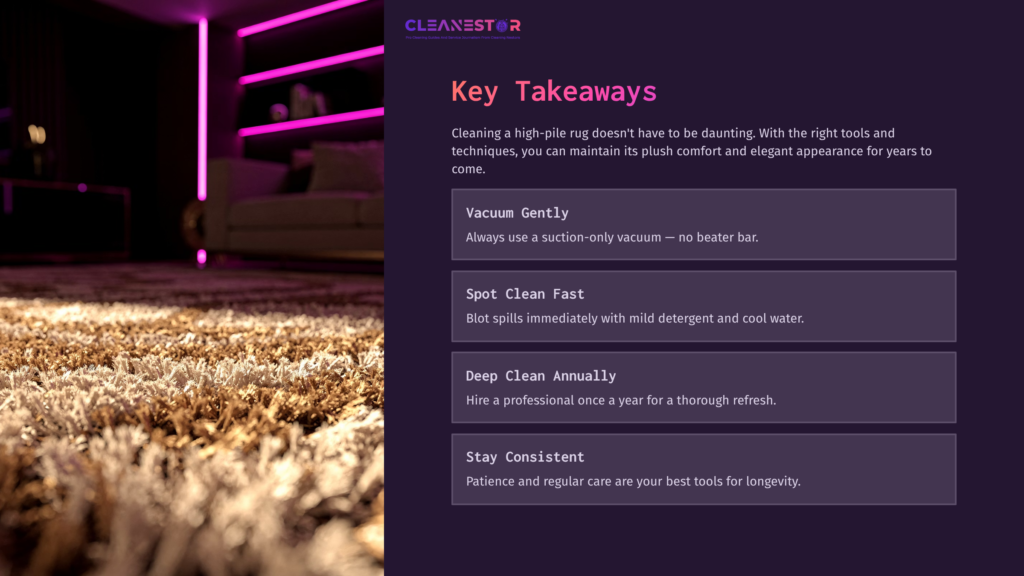 Textured, High-Pile Rug In Warm Tones, With A Soft Purple-Lit Lounge In The Background, Highlighting Cleaning Tips In Bold, Clear Font.