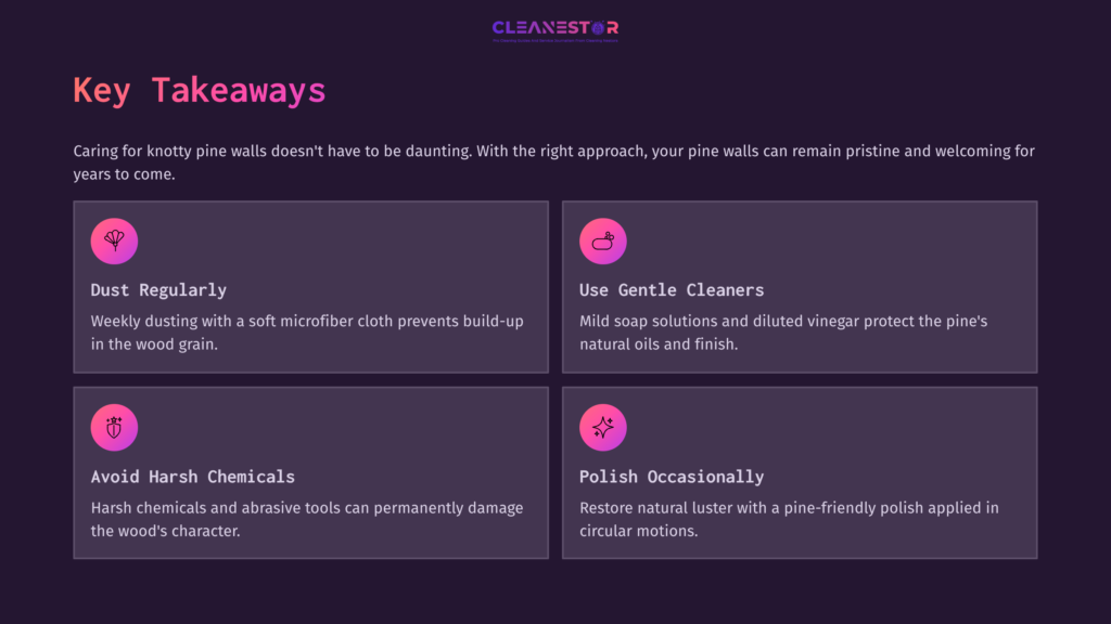 Four Colored Boxes With Key Cleaning Tips For Knotty Pine Walls, Featuring Headings In Pink, White Text On A Dark Background, And Icons.