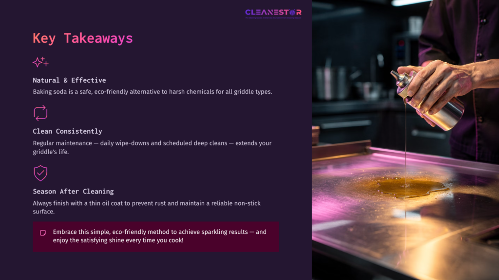 A Person Pours Baking Soda Solution Onto A Shiny Griddle Surface, Showcasing A Clean And Organized Kitchen Environment With A Dark Background.