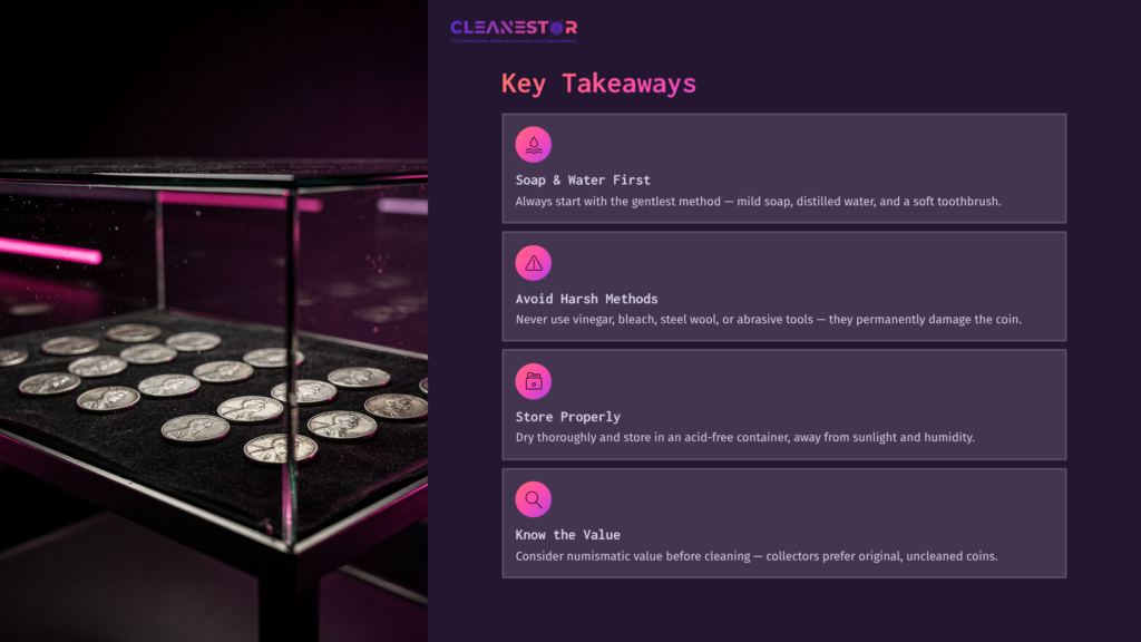 A Display Case With Various Steel Pennies, Next To Key Takeaways For Cleaning And Preserving Coins, With A Dark Background.