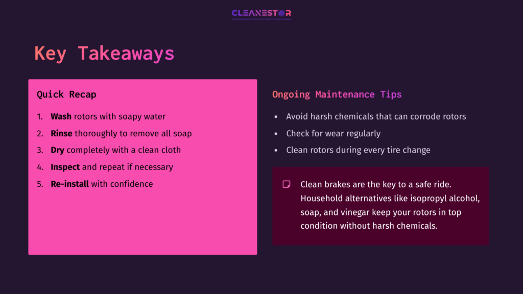 Text Block In Purple And Pink Hues Lists Key Maintenance Tips For Cleaning Brake Rotors, Emphasizing Gentle Cleaning Methods And Confidence.