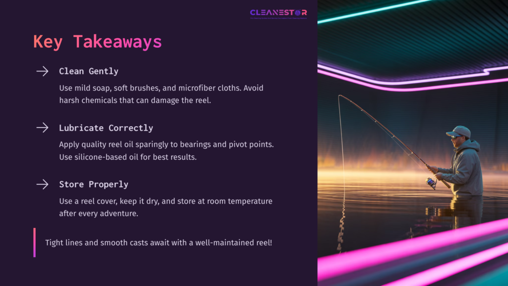 10 Key Takeaways 22 A Fishing Scene At Sunset With A Person Casting A Line Into Water, Alongside Key Cleaning Tips For Shimano Reels In Bold Text.