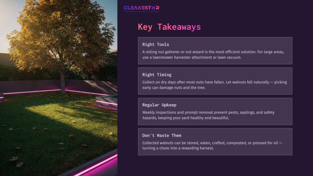 A Yard With A Tree Shedding Walnuts, Featuring A Lawn With Purple Lighting And A Clear Layout Emphasizing Yard Maintenance Tips.