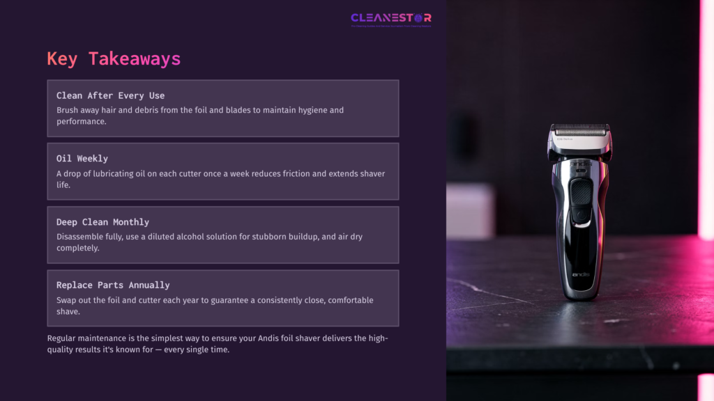 Andis Foil Shaver Beside A Dark Purple Background With White Text Detailing Cleaning Tips And Key Takeaways For Maintenance.
