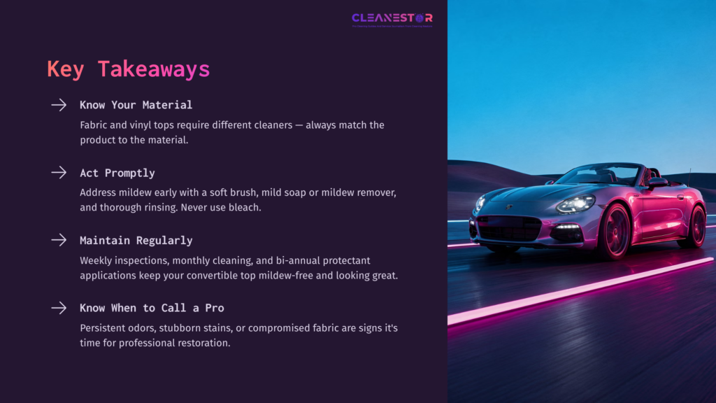 A Sleek Convertible Car With A Sunset Backdrop, Accompanied By A List Of Key Tips For Cleaning Mildew From Fabric Tops.