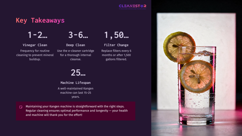 Purple Background With Text Highlights On Kangen Machine Maintenance: Vinegar Cleaning, Deep Cleaning, Filter Change, And Lifespan. Lemon Slices On A Plate Enhance Visual Appeal.