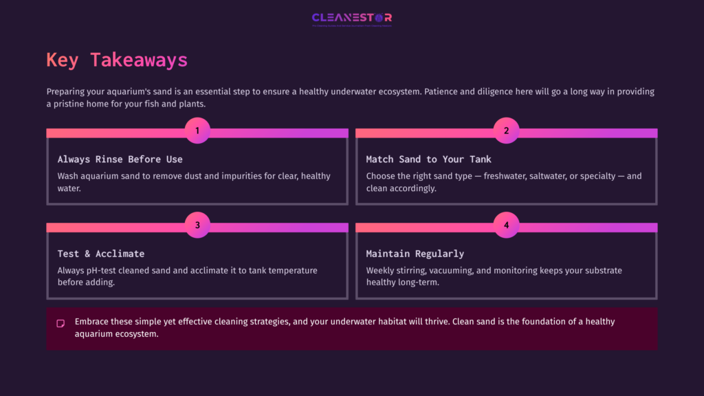 10 Key Takeaways 6 Four Key Takeaways For Cleaning Aquarium Sand: Rinse Before Use, Match Water Type, Test Temperature, And Maintain Regularly, On A Dark Background.