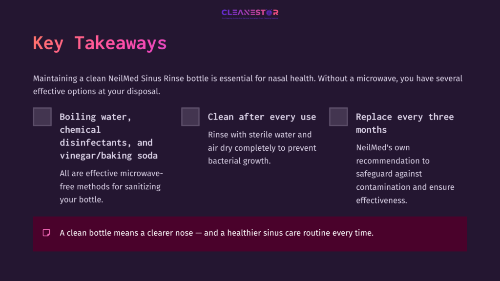 Key Takeaways On Cleaning A Neilmed Sinus Rinse Bottle, Featuring Bullet Points On Sanitization Methods And Maintenance Tips.