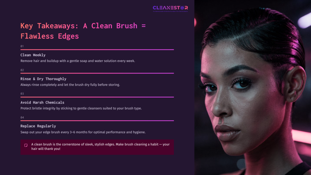 A Clean Edge Brush Next To A Gentle Soap, With A Dark Background And White Text Outlining Cleaning Tips For Maintaining Hair Edges.