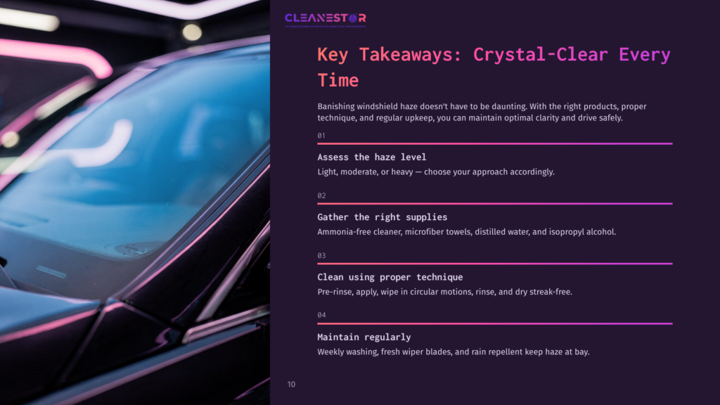 A Modern Car Windshield With Reflections, Alongside A Guide Featuring Key Steps For Cleaning Haze, Highlighted In Bold Text.
