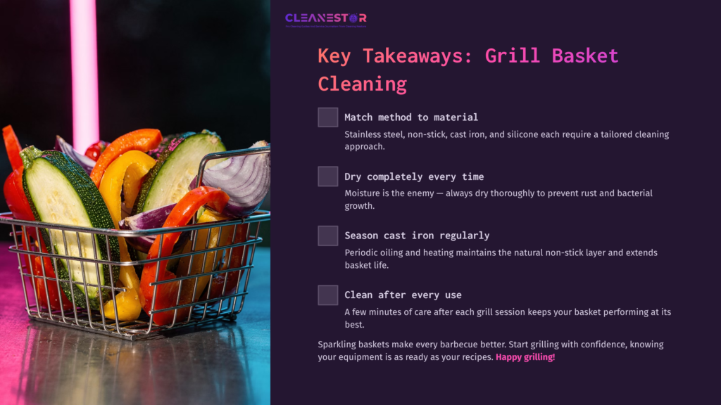 A Grill Basket Filled With Colorful Vegetables Sits On A Dark Surface, With Text Beside Highlighting Key Cleaning Tips For Grill Baskets.