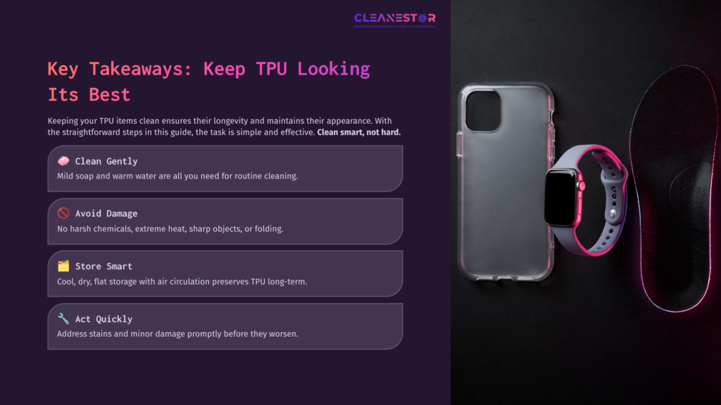 Clear Tpu Phone Case And Smartwatch On A Dark Background, Accompanied By Text Highlights On Cleaning Tips And Care Instructions.