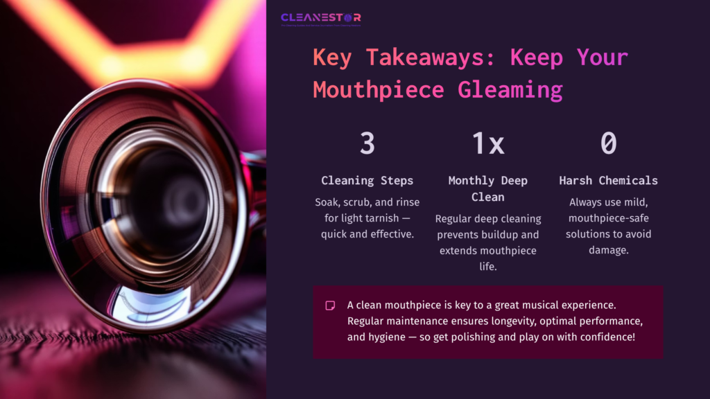 10 Key Takeaways Keep Your Mouthpiece Gleaming Shiny, Tarnished Mouthpiece On A Dark Background, With Text Highlighting Cleaning Steps And Tips For Maintenance And Care.