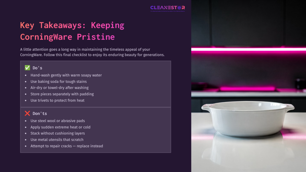 Checklist For Cleaning Corning Ware With A White Dish And Purple Background; Includes Do'S And Don'Ts For Optimal Care.
