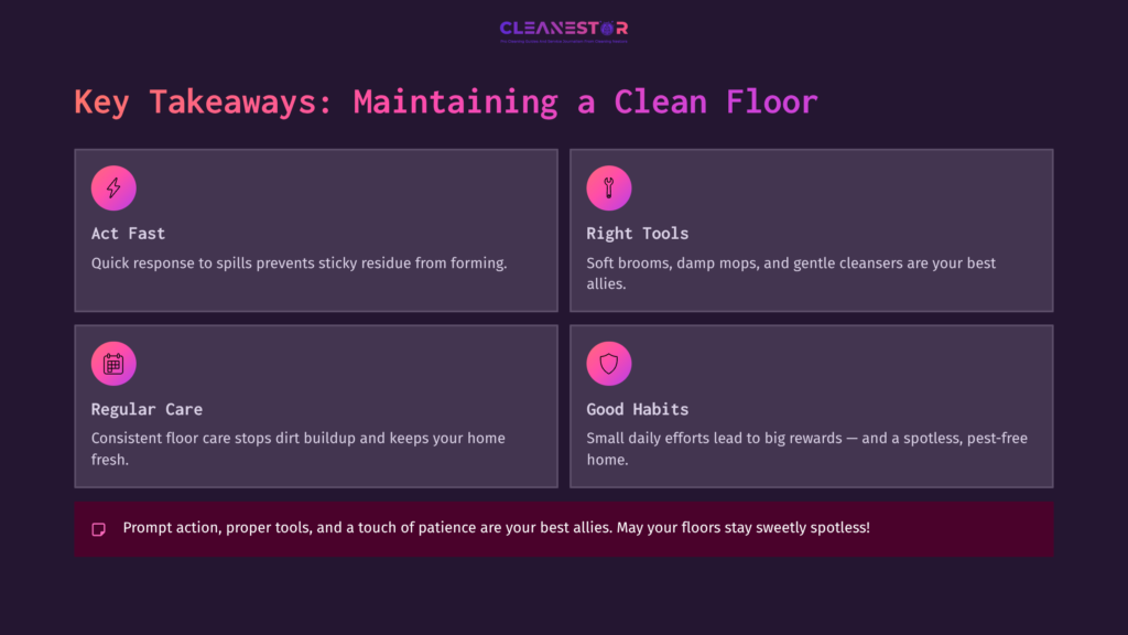 Four Colored Boxes On A Dark Background Outline Tips For Cleaning Floors, Featuring Icons For Actions, Tools, And Habits.