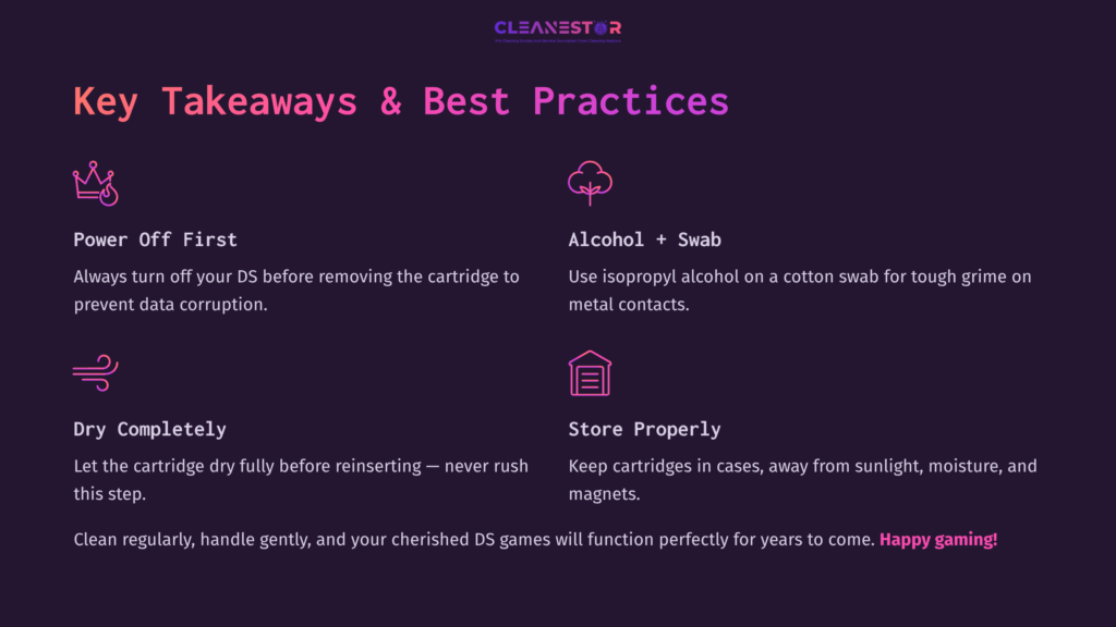 White Text On A Dark Purple Background Outlines Key Takeaways For Cleaning Ds Cartridges, Including Power Off, Alcohol Swab, Drying, And Storage Tips.