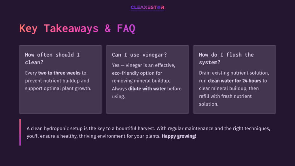 Text On A Dark Purple Background Outlines Faqs About Maintaining A Hydroponic System, Highlighting Cleaning Methods And Plant Care Tips.