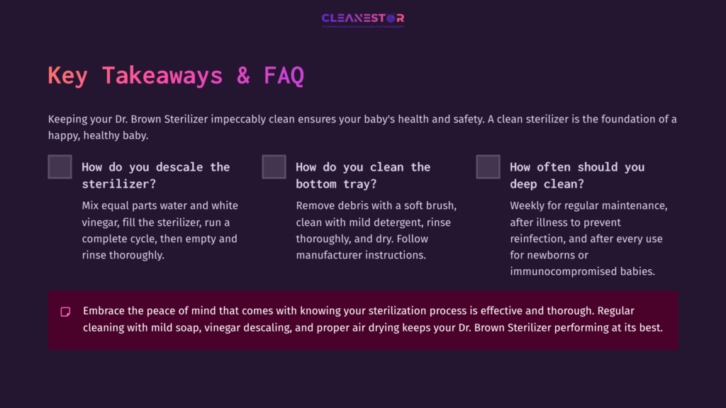 Text Layout Includes A Dark Purple Background With White And Light Purple Headings. Key Takeaways Are Listed With Checkboxes And Brief Cleaning Tips For A Dr. Brown Sterilizer.
