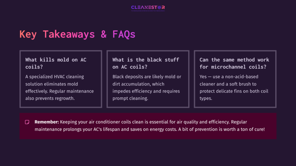 Text On A Dark Purple Background Highlights Key Takeaways About Cleaning Air Conditioner Coils, Featuring White And Pink Accents.