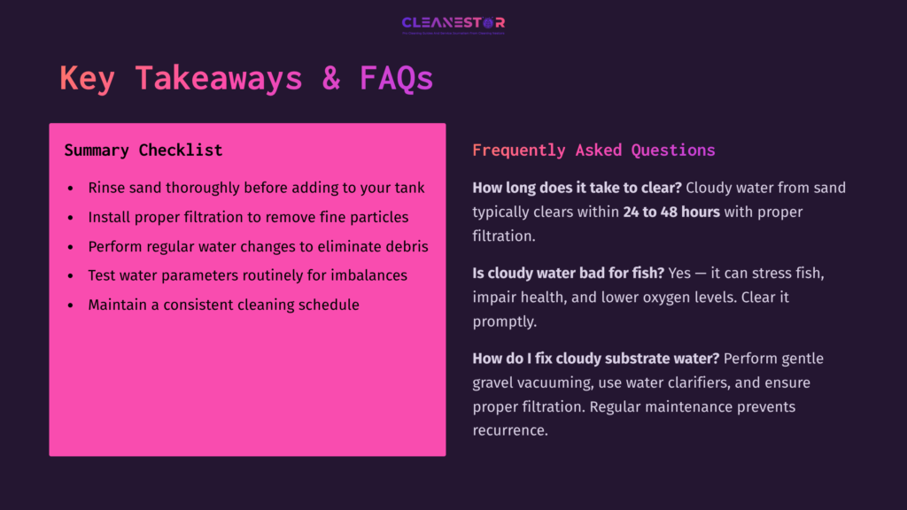 Checklist And Faqs On Clearing Cloudy Aquarium Water, Featuring A Pink And Purple Layout, With Key Tips And Common Questions Highlighted.