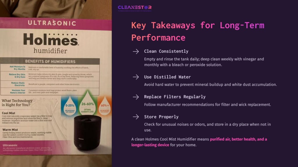Holmes Cool Mist Humidifier Product Packaging With Key Cleaning Tips, Featuring Colored Water Drop Icons And A Black Humidifier Image.
