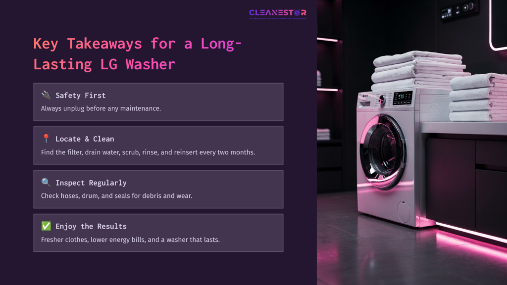 Washer With Stacked Towels, Pink And Purple Tones, Featuring Maintenance Tips For Cleaning An Lg Washer On The Left Side.