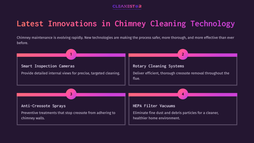 10 Latest Innovations In Chimney Cleaning Technology Infographic Displaying Innovations In Chimney Cleaning Technology, Featuring Smart Inspection Cameras, Rotary Cleaning Systems, Anti-Creosote Sprays, And Hepa Filter Vacuums, With A Dark Background And Bright Colored Text Boxes.
