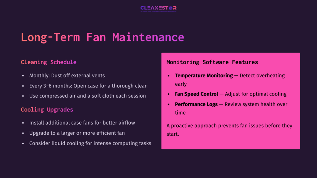 Text-Based Graphic Featuring &Quot;Long-Term Fan Maintenance&Quot; With Sections On Cleaning Schedule And Upgrades, Displayed In Vibrant Pink And Purple Colors.