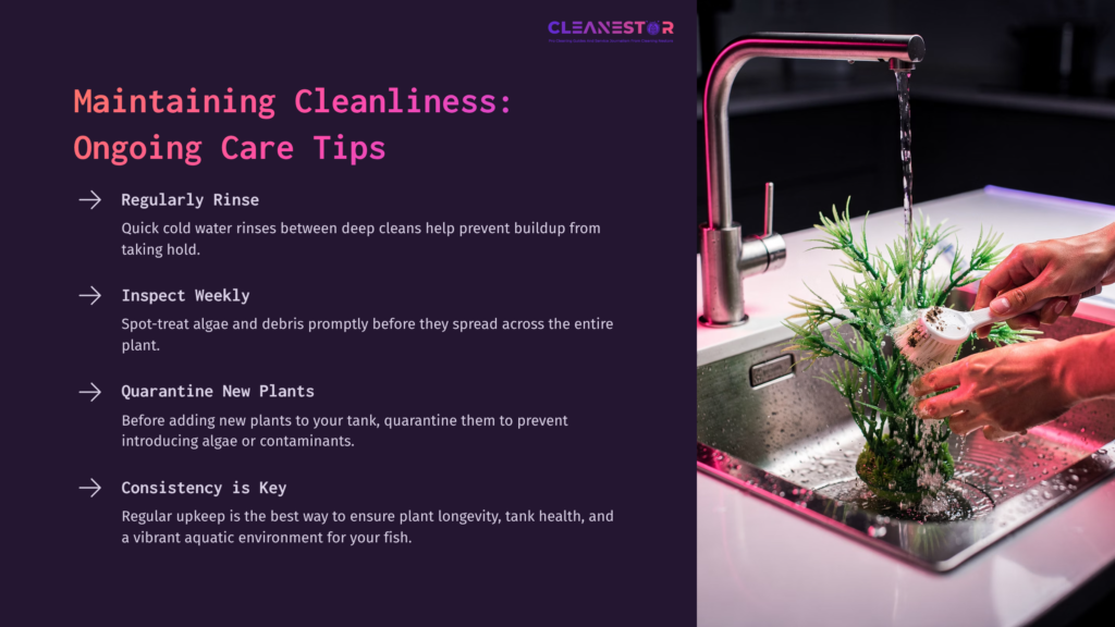 10 Maintaining Cleanliness Ongoing Care Tips A Hand Rinses Plastic Aquarium Plants Under Running Water In A Sink, With Green Foliage Contrasting Against The Metallic Faucet.