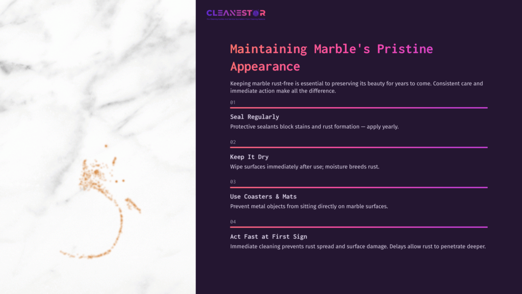 Rust Stain On A Marble Surface With A Light, Veined Background. Text On The Right Outlines Tips For Maintaining Marble'S Appearance.