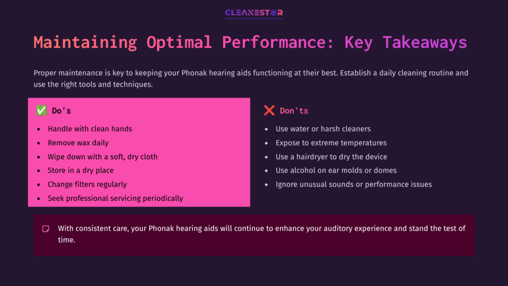 Colorful Infographic With A Dark Background, Outlining Key Tips For Maintaining Phonak Hearing Aids, Including Dos And Don’ts.