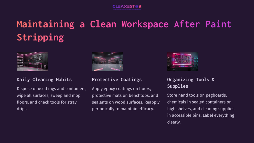 Text On A Dark Purple Background Outlines Tips For Maintaining A Clean Workspace After Paint Stripping, Including Cleaning Habits, Coatings, And Organizing Supplies.