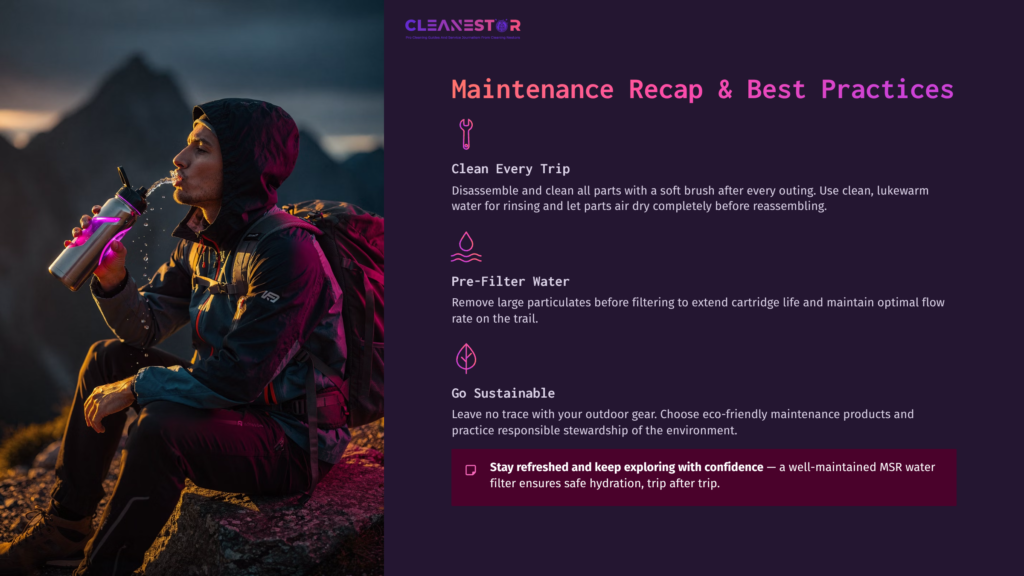 A Person In Outdoor Gear Uses A Water Filter, Holding A Colorful Bottle Against A Scenic Mountain Backdrop; Text Highlights Maintenance Tips.